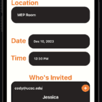 Accessible mobile booking app interface for meetings and events, with location, date, time, and invite features.