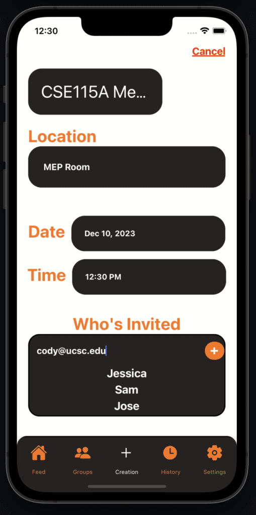 Accessible mobile booking app interface for meetings and events, with location, date, time, and invite features.