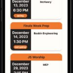 KickBacks event schedule app showcasing university finals and worship events.