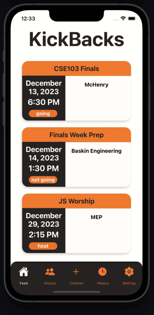 KickBacks event schedule app showcasing university finals and worship events.