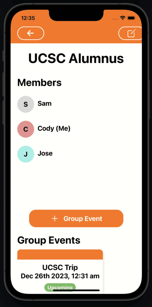 Alumni group member list on mobile app interface for USC students and events.