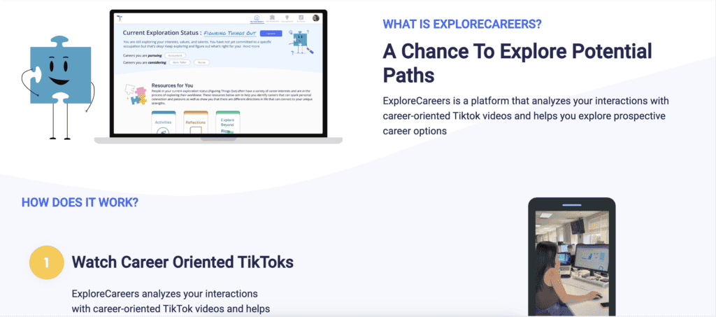 Explorecareers platform analyzing TikTok videos for career insights and growth opportunities.