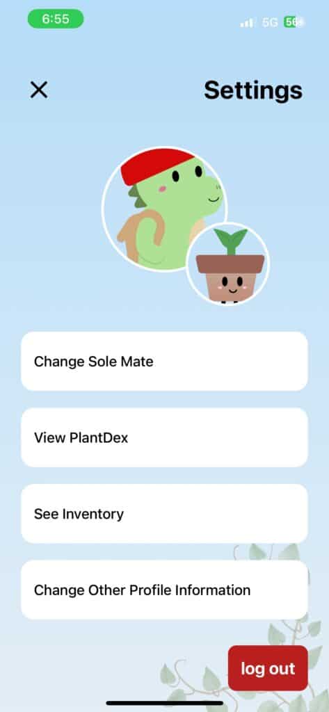 Cute plant lover mascot on Hozay portfolio app settings screen, emphasizing plant management features.