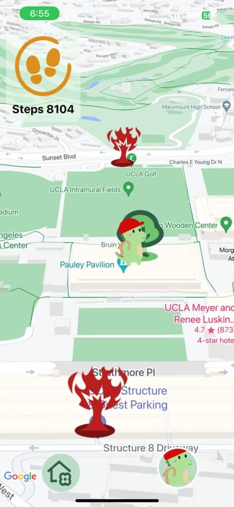 Colorful UCLA campus map with animated characters, icons, and location markers for landscape and city views.