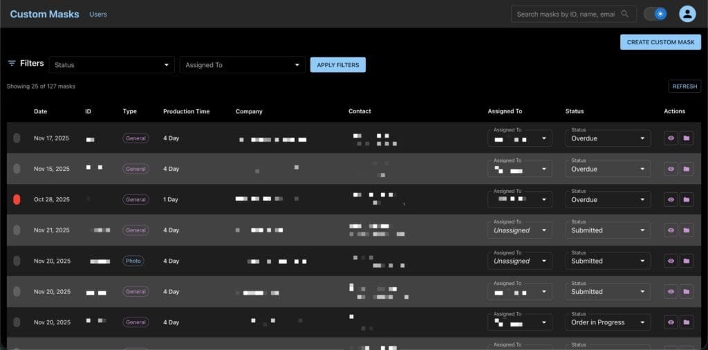 Custom mask management dashboard showcasing user interface for creating and tracking mask production orders.