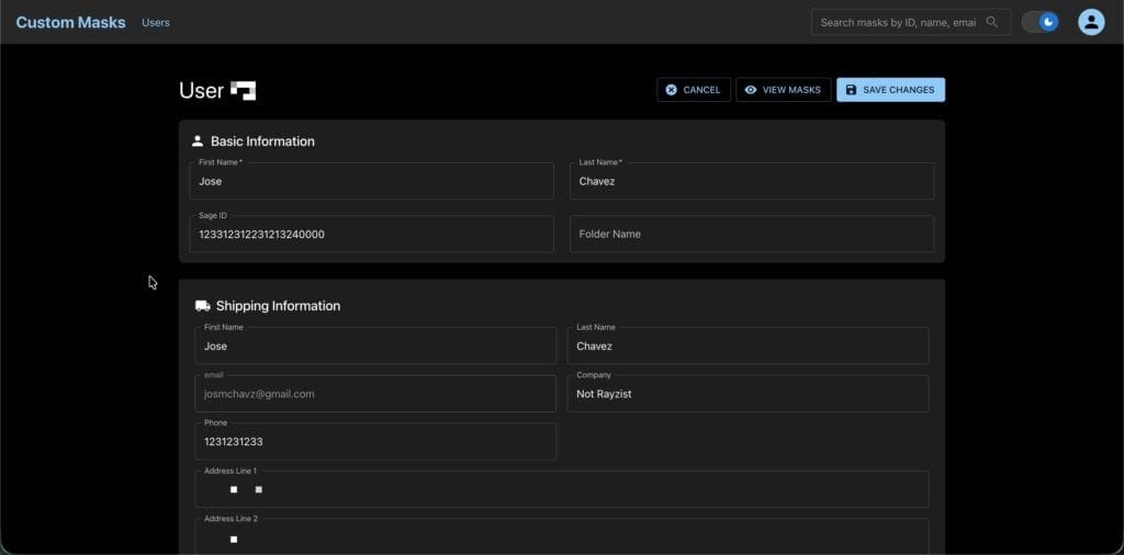 Custom digital mask design for personalized user and shipping information on Hozay Portfolio.