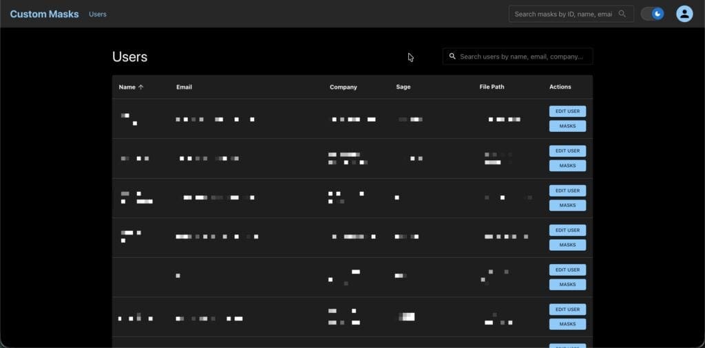 Custom mask user management interface for secure digital identity solutions.