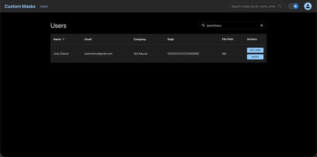 Custom mask management interface showcasing user details and mask options for secure access control.